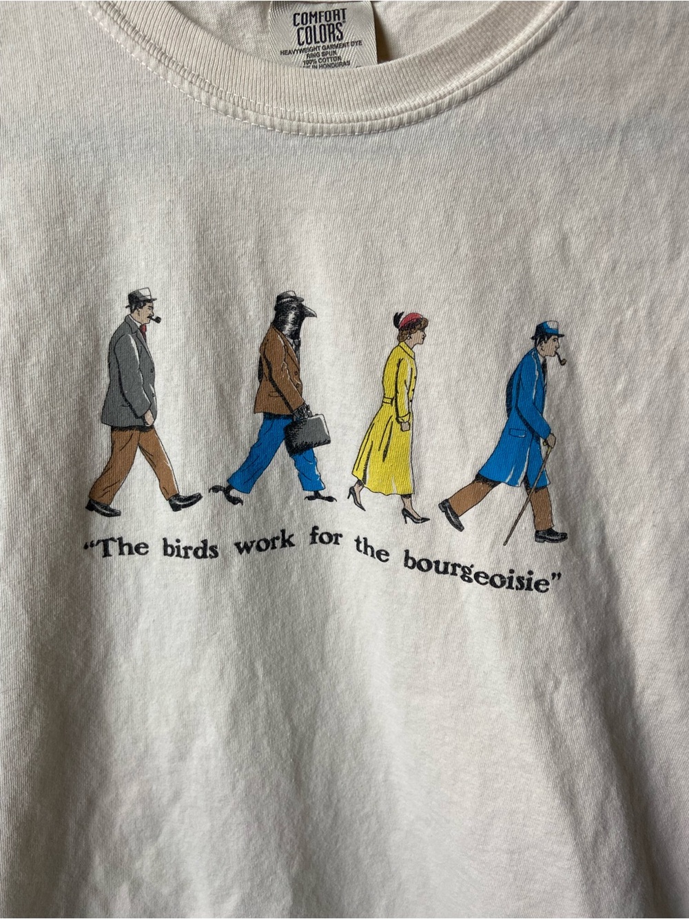 Comfort Colors White Graphic Tee - 'The Birds Work for the Bourgeoisie'